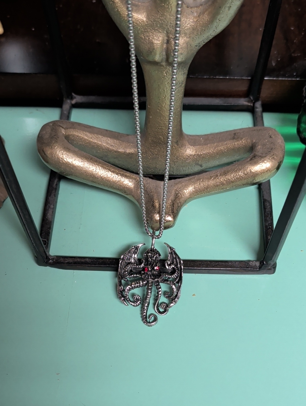Men's Silver Dragon Octopus Pendant Necklace with Red Stone